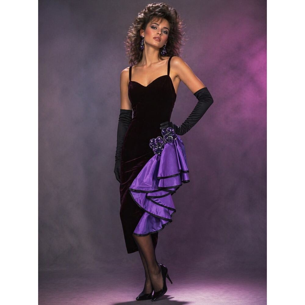 Vintage 80's Iridescent Velvet Cocktail Formal Midi Dress S Prom Purple Party